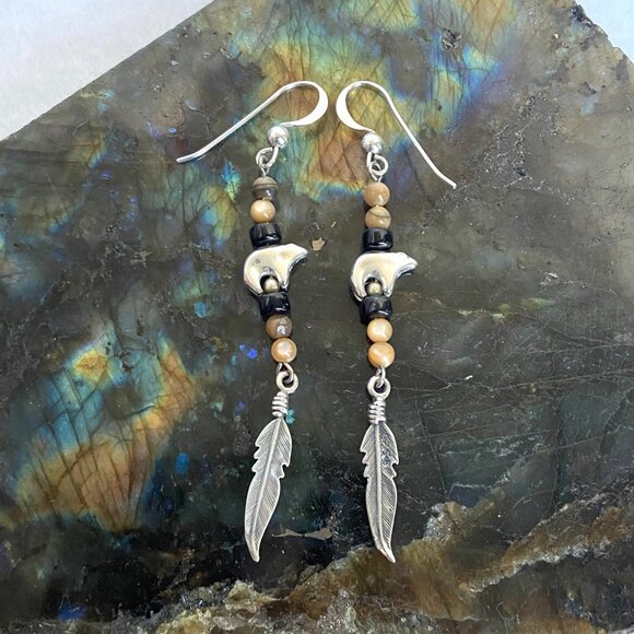 Sterling Silver 925 Mother Of Pearl & Onyx Beaded Bear Feather Dangle Earrings - Picture 10 of 13